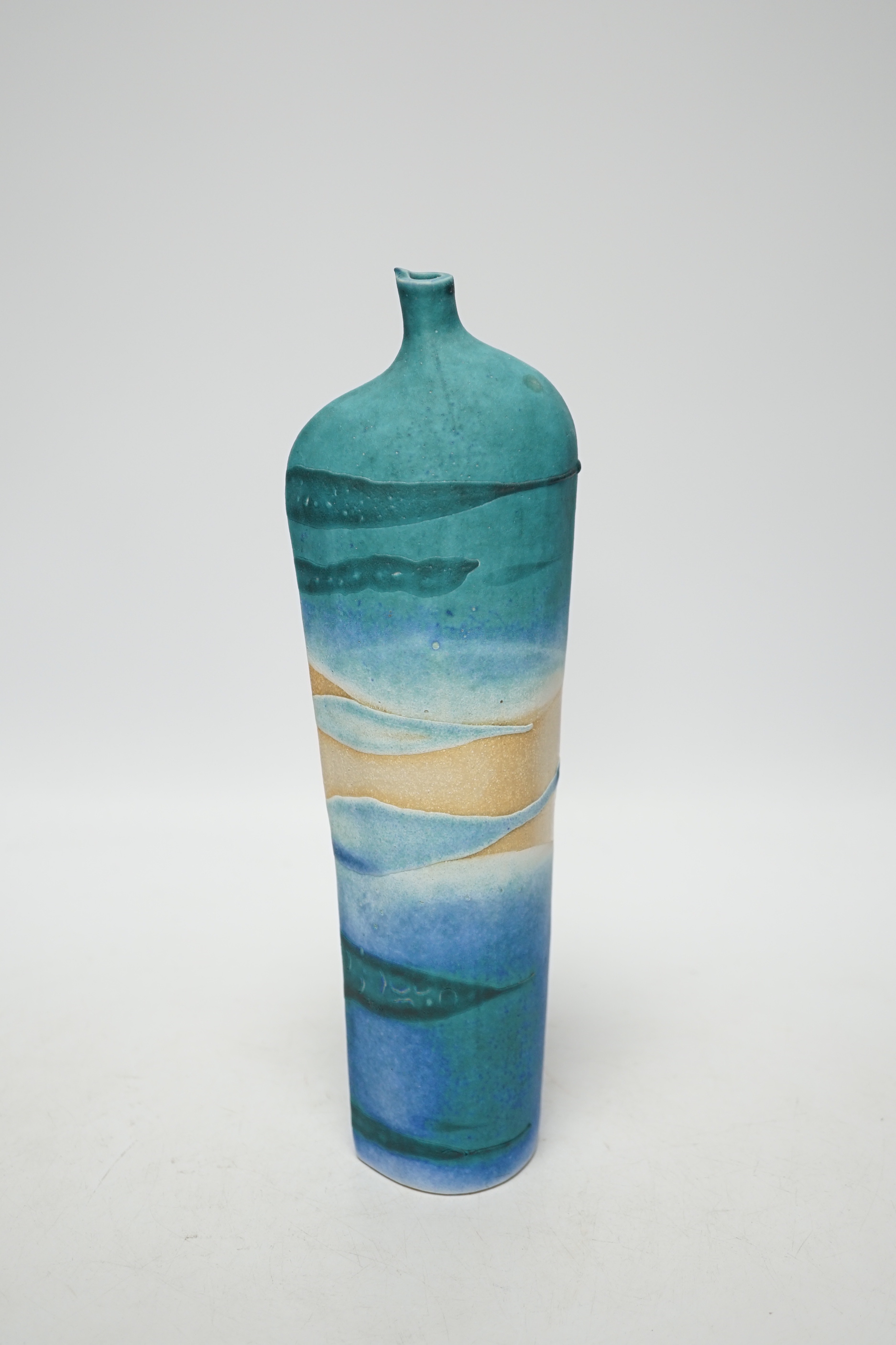Studio Pottery - a tall narrow neck vase by Kirsti Hannah Brown 'seascape bottle', H27 impressed mark to base, 27cm